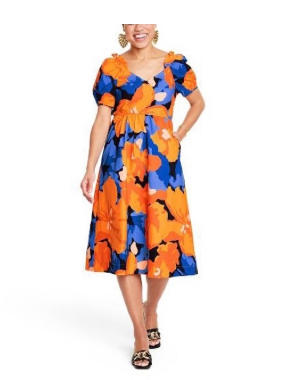 Tabitha Brown for Target Bright Floral Midi Dress in Orange & Blue